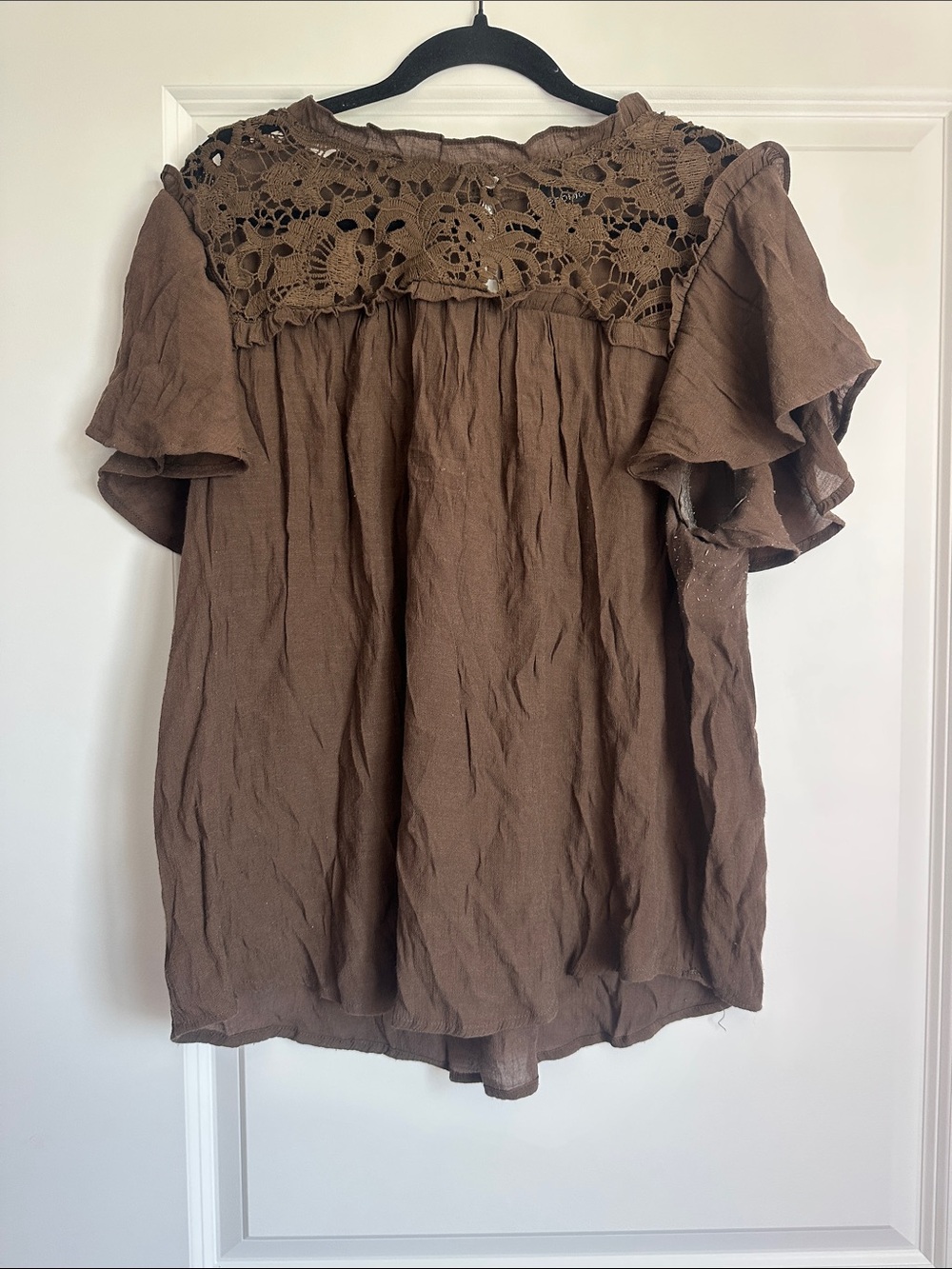 Zenobia Brown Crochet Yoke Flutter Sleeve Blouse